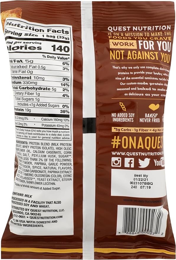 Quest Nutrition Protein Chips, BBQ, 22g Protein, 2g Net Carbs, 130 Cals, 1.2oz Bag, 1 Count, High Protein, Low Carb, Gluten Free, Soy Free, Potato Free