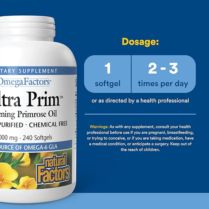 Omega Factors by Natural Factors, Ultra Prim Evening Primrose Oil, Promotes Women's and Immune Health with Omega-6 GLA, 240 softgels (240 servings)