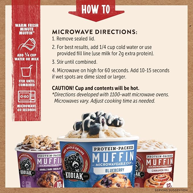 Kodiak Cakes Minute Muffin Cup Variety Pack - 100% Whole Grains, Double Dark Chocolate, Blueberry & Cinnamon Roll, 2.36 oz (Pack of 12)