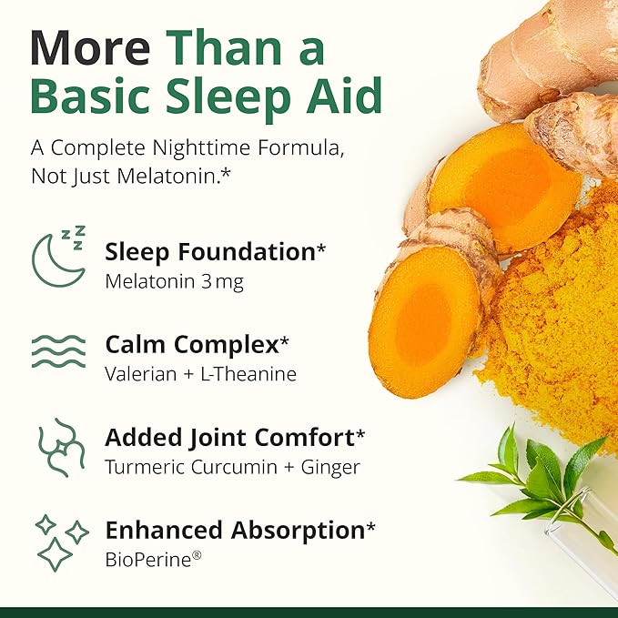 Melatonin 3mg Sleep Aid with L-Theanine & Valerian Root – Turmeric Curcumin Supplement with Ginger & Black Pepper – Organic Turmeric Supplement for Sleep, Calm and Stress Relief Support – 180 Capsules