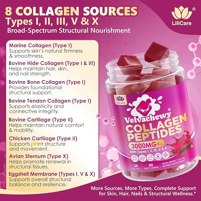 Collagen Gummies + Biotin Soft Chews 3000mg for Women & Men, Ultra Hydrolyzed Collagen Peptides Boosting Type I,II,III,V,X, Vitamin C, E, Anti-Aging Formula for Hair, Skin & Nails, Digestion,Bone,60Ct