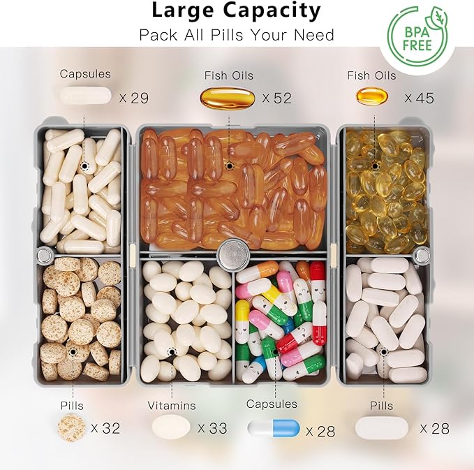 FYY 2 Pcs Daily Pill Organizer, 7 Compartments Portable Pill Case Travel Pill Organizer,[Folding Design] Pill Box for Purse Pocket to Hold Vitamins,Cod Liver Oil,Supplements and Medication-Grey