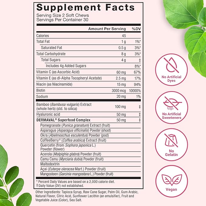 FORCE FACTOR Collagen Boosting Superfoods, Vegan Collagen Booster for Women, With Biotin, Hyaluronic Acid, and Vitamin C, For Hair, Skin, Nails, & Joint Support, Tropical Fruit, 180 Soft Chews, 3-Pack