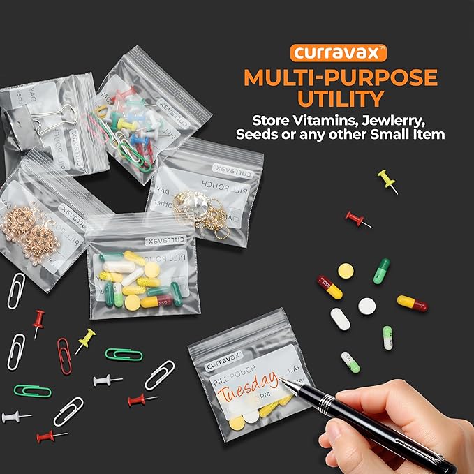 CURRAVAX Pill Bags Pack of 225- BPA Free 3 x 2.75 inch Pill Pouch - Pill Pouches for Medicine with Write on Label –Clear Ziplock Pill Baggies for Travel Medicine Organizer