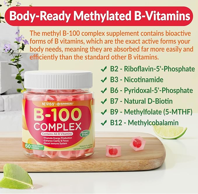 Super Vitamin B Complex Gummies - Methylated B Complex for Women & Men, All B Vitamins, Methyl B12, Methylfolate, Vitamin C, Choline, Inositol, PABA for Energy, Brain & Immune, 0g Sugar, Vegan, 60 Cts