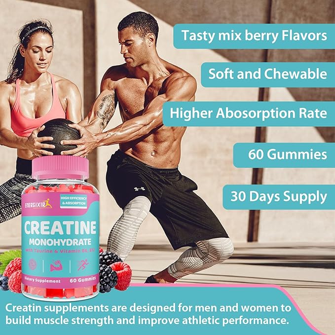 Creatine for Women, Creatine Monohydrate Gummies - No Bloating - Pre and Post Workout Chewables Supplement with Taurine & B6 - for Recovery, Strength, Energy & Booty, Performance, 60 Counts