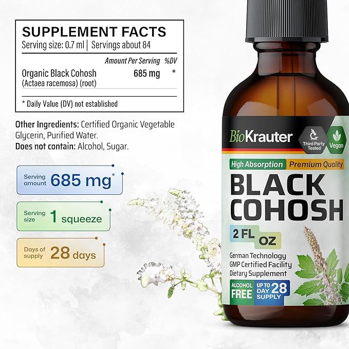 BIO KRAUTER® Perimenopause & Menopause Supplements for Women* - Pure Vegan Black Cohosh for Mood Support & Women's Wellness - Black Cohosh Supplements 2 Fl.Oz 28-Day Supply, Alcohol & Sugar Free