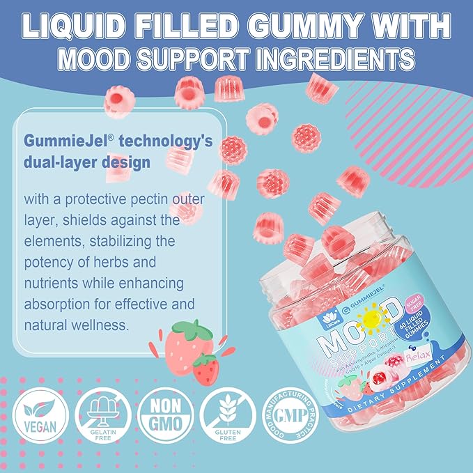 Ashwagandha Saffron Calm Gummies + Omega 3, L-Theanine & CoQ10 for Women Men, Natural Calming Happy Relax Gummies for Adults, Mood Support Supplement Gummy, Strawberry Flavor, Sugar Free, Vegan, 60ct
