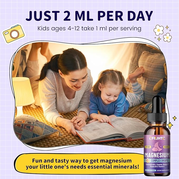 Kids Magnesium Liquid Drops-Magnesium Glycinate Liquid for Kids Supplement-w/L-theanine, Omega-3, Vitamin B6, D3 - for Sleep, Relaxation, Brain, Bones - Peach Flavor, 4 Fl Oz