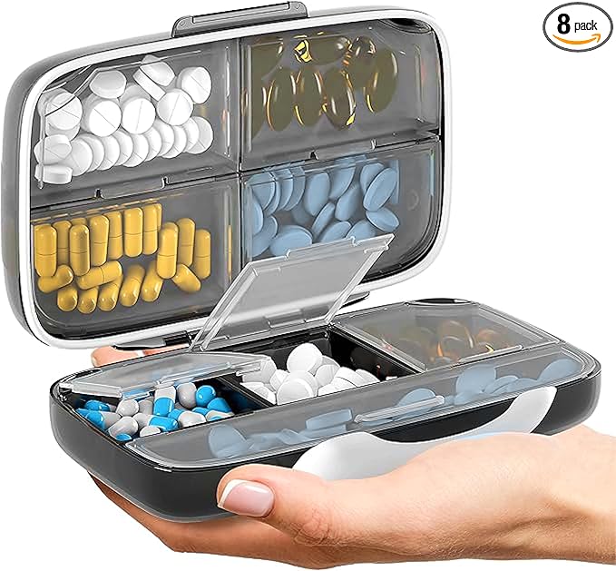 Travel Pill Organizer - Airtight Medicine Case for Traveling Portable Pharmacy Box with Labels Vitamin Container 8 Compartment Supplement Medication Holder Large Capacity Daily (Black)
