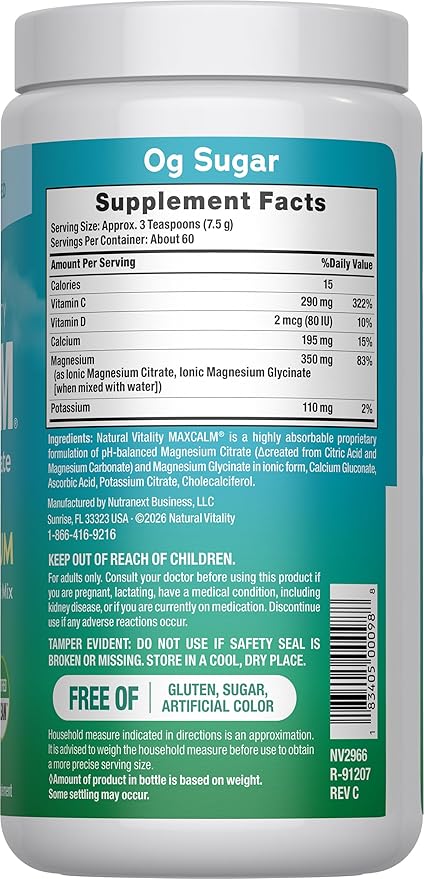 Natural Vitality Calm, Magnesium Citrate & Calcium Supplement, Drink Mix Powder Supports a Healthy Response to Stress, Gluten Free, Vegan, & Non-GMO, Original, 16 oz
