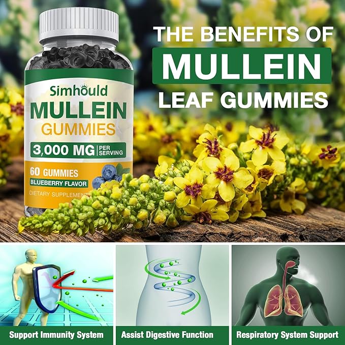 Simhould 2 Pack Sugar Free 3000MG Mullein Gummies - Lung Cleanse, Mullein Leaf Extract Supplement for Respiratory, Organic Mullein Drops with Quercetin & Bromelain for Lung, Digestive Health & Immune