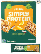 Simply Protein - Lemon Coconut Crispy Bars - Plant Based Protein Bars - Low Carb, Low Sugar, High Fiber - 13g Protein, 2g Sugar, 7g Fiber - Vegan, Gluten Free, Non GMO, Kosher - 24 Bars