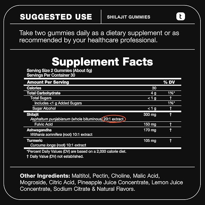 Shilajit Gummies – 20:1 Concentrate – 50% Fulvic Acid, Himalayan Sourced – Ashwagandha + Turmeric – Sugar-Free – Lab Tested