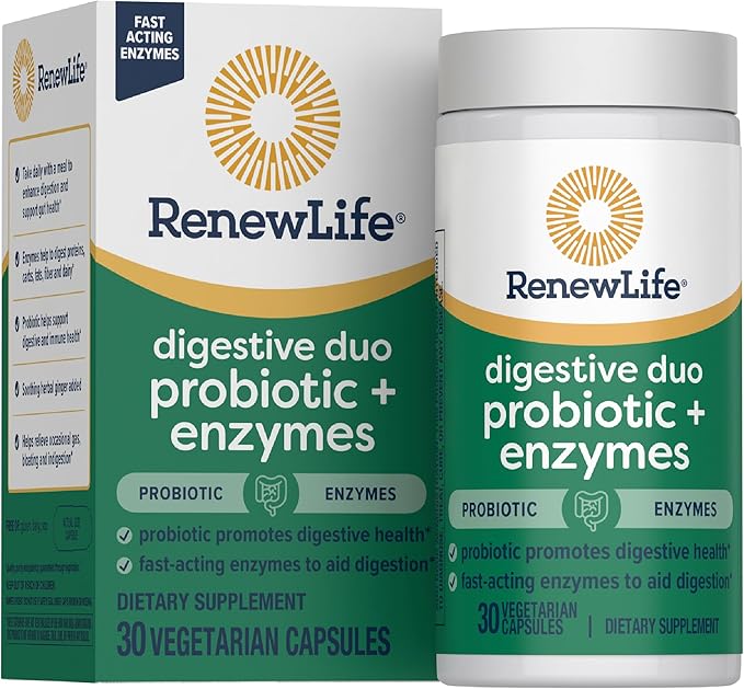Renew Life Digestive Duo Probiotic and Enzymes Vegetarian Capsules, Probiotic Promotes Digestive Health, Fast-Acting Enzymes Aid Digestion, With Soothing Herbs - 30 Count