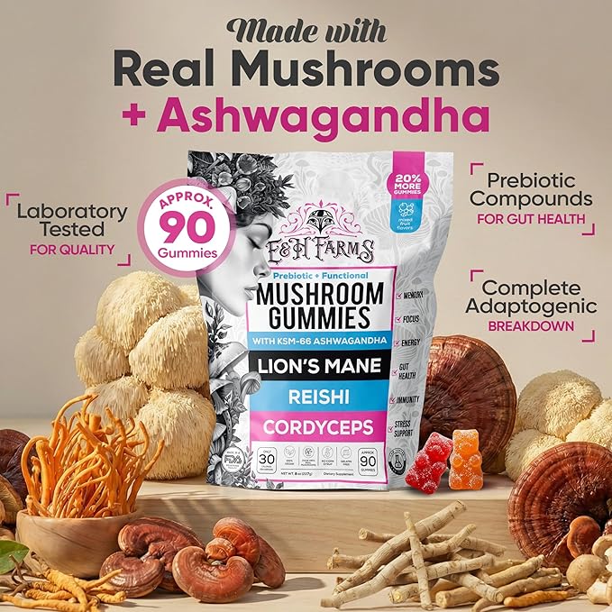 E&H Farms Sleep Mushroom Gummies for Focus & Energy - Prebiotic & Functional Mushrooms with Lion's Mane, Reishi, Cordyceps & Ashwagandha - Low Calorie Daily Vegan Supplement Gummies - 90 Mixed Flavor