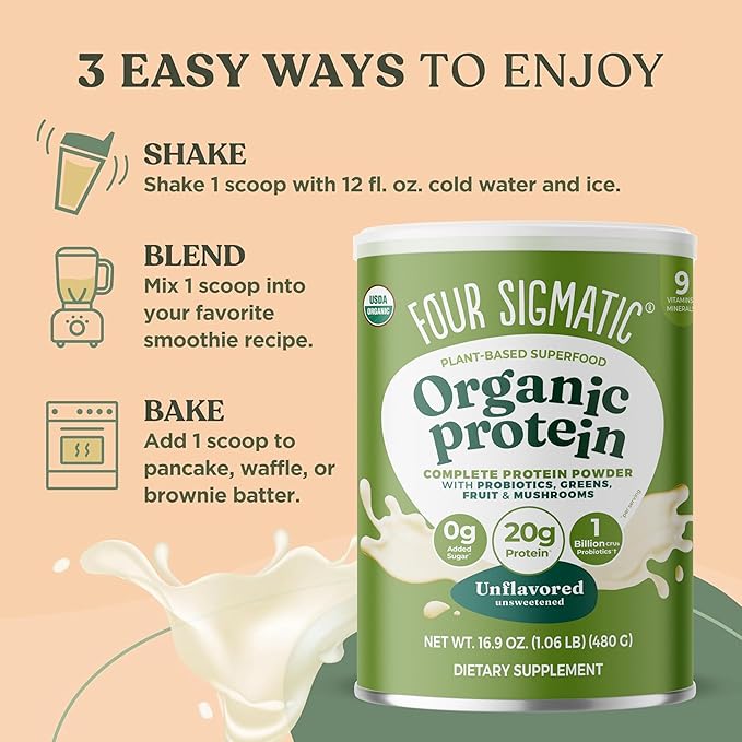 Four Sigmatic Organic Plant-Based Protein Powder | Clean Vegan Protein Elevated with Lion’s Mane, Chaga, Cordyceps and More for Brain Function and Immune Support | Unflavored, 16.9 oz