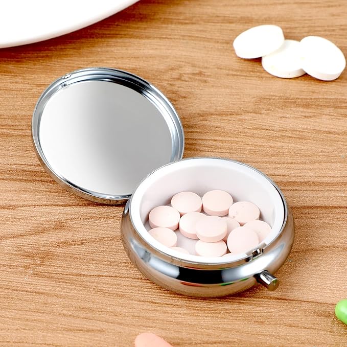WLLHYF Pill Box Cute Small Pill Box for Purse & Pocket Medicine Organizer Travel Pillbox Waterproof Pill Case Metal Pill Container Holder for Vitamins, Fish Oil, Supplements(Silver)