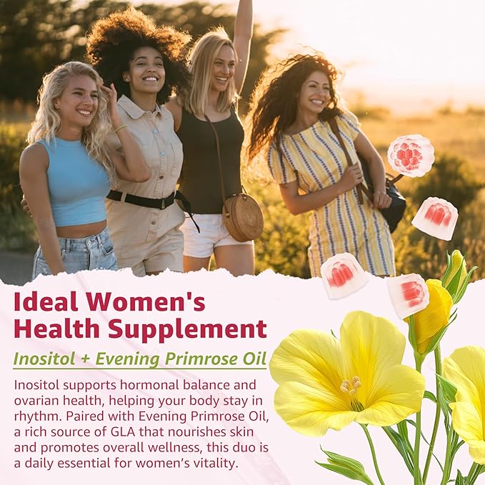 Nextdia Inositol Gummies Supplement with Evening Primrose Oil for Women - 40:1 Ratio Myo-Inositol 2000mg & D-Chiro Inositol 50mg with VIT D3 B12 & Zinc, Sugar-Free for Natural Balance, Vegan (120ct)