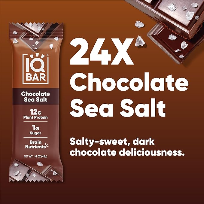 IQBAR Clean Plant Protein Bars - Chocolate Sea Salt - 24 Count - Keto, Vegan, High Fiber, Gluten and Dairy Free, Low Sugar Snack - Brain and Body Nutrients for Focus, Energy, Meal Replacement