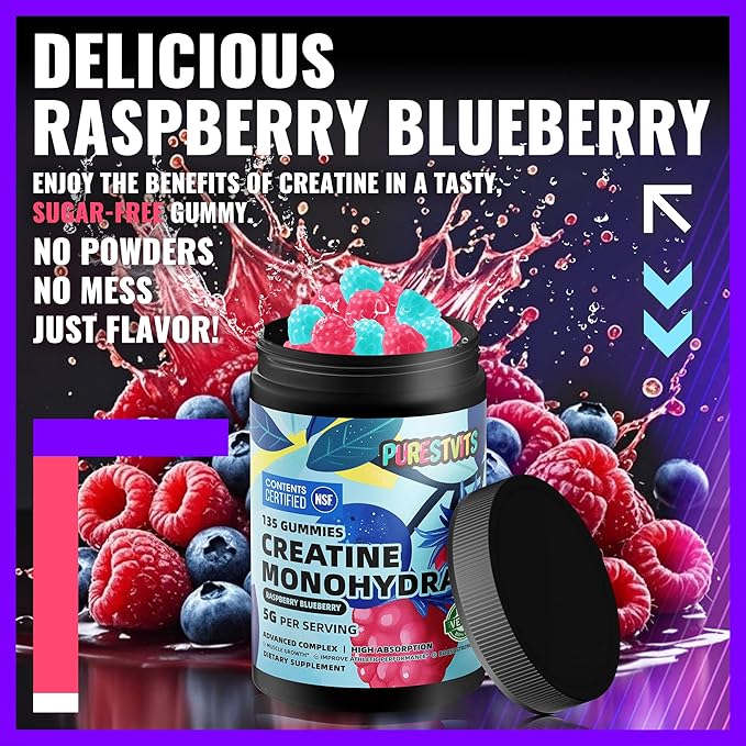 NSF Certified Creatine Gummy 5g - Creatine Monohydrate Gummies – Pre-Workout Energy & Muscle Growth Support for Men & Women | Blueberry Raspberry Electrolyte Gummies (135 Count)