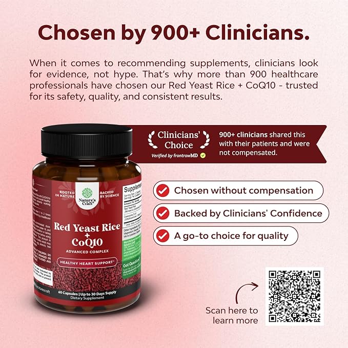 Red Yeast Rice with CoQ10 Supplement - Advanced Healthy Heart & Healthy Cholesterol Levels Formula for Men & Women - Red Yeast Rice Capsules with 1200mg per Serving and CoQ10-60 Count