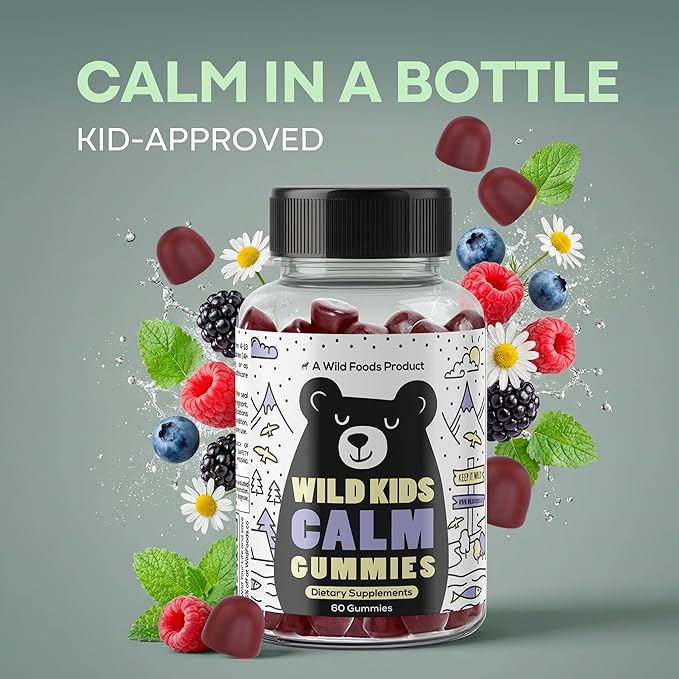 Wild Foods Kids Calm Gummies - Ashwagandha Gummies for Kids w/GABA, L-Theanine, Lemon Balm & Charmomile - Support Natural Relaxation, Stress Relief & Sleep, for Children 4+, Berry Flavor, 60 Count