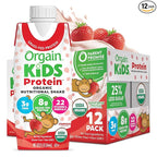 Orgain Organic Kids Nutritional Protein Shake, Strawberry, Healthy Kids Snacks, 8g Dairy Protein, 3g of Fiber, 22 Vitamins & Minerals, No Soy ingredients, Gluten Free, Non-GMO, 8.25 Fl Oz (Pack of 12)