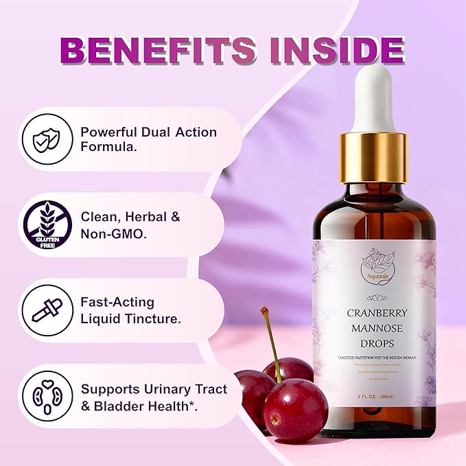 Cranberry & D-Mannose Drops for Women - Urinary* Tract Support - Liquid Herbal Tincture Supplement - Sugar-Free, Fast Absorption, 2 fl oz