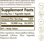 Solgar Biotin 10,000 mcg, 60 Vegetable Capsules - Energy, Metabolism, Promotes Healthy Skin, Nails & Hair - Super High Potency - Non-GMO, Vegan, Gluten Free, Dairy Free, Kosher - 60 Servings