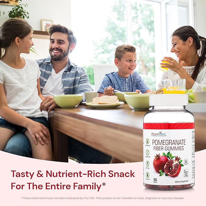 Pharmvista Pomegranate Fiber Gummies for Adults & Kids 100mg - Gluten Free Vegan Pomegranate Supplement Rich in Dietary Fiber Chewables Gummies- 90 Count