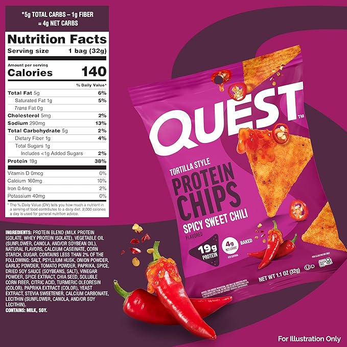 Quest Nutrition Spicy Sweet Chili Tortilla Chip, 19g Protein, 4g Net Carb, Low Carb, Gluten Free, 1.1 oz 4 count