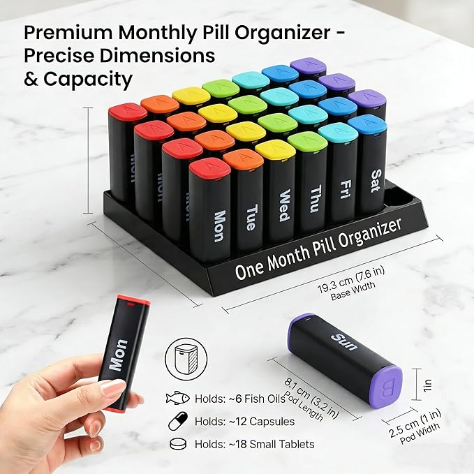 CAidRE Monthly Pill Organizer 2 Times a Day - 28 Day Pill Box AM PM, Daily Medicine Organizer for Vitamins, Supplements, Medications - Large Travel-Friendly 4 Week Pill Case for Home & Travel, Black