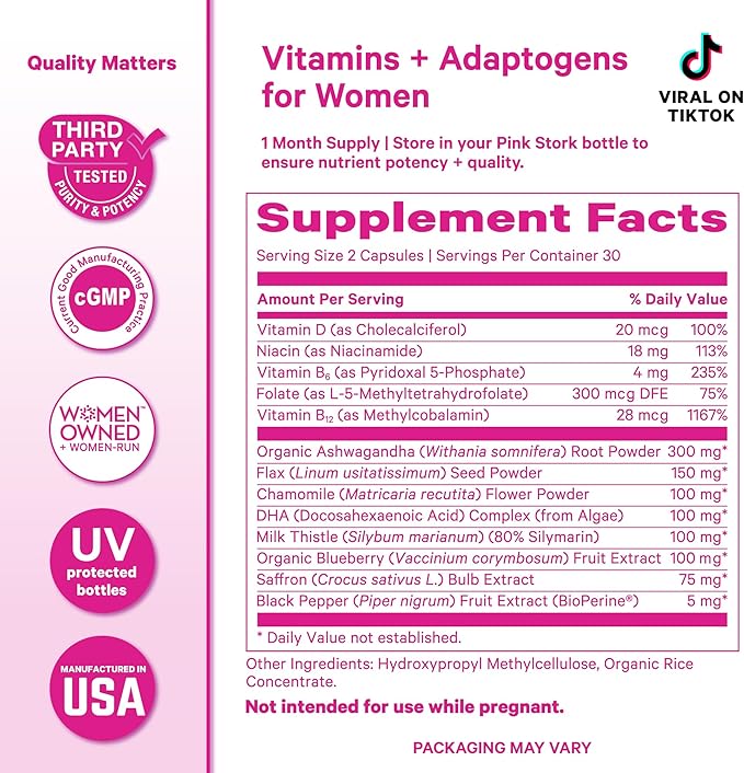 Pink Stork Cortisol Supplements for Women - Adaptogenic Adrenal Support & Hormone Balance with Organic Ashwagandha, Omega 3 DHA, Saffron, Multivitamins - Mood Support - 60 Count