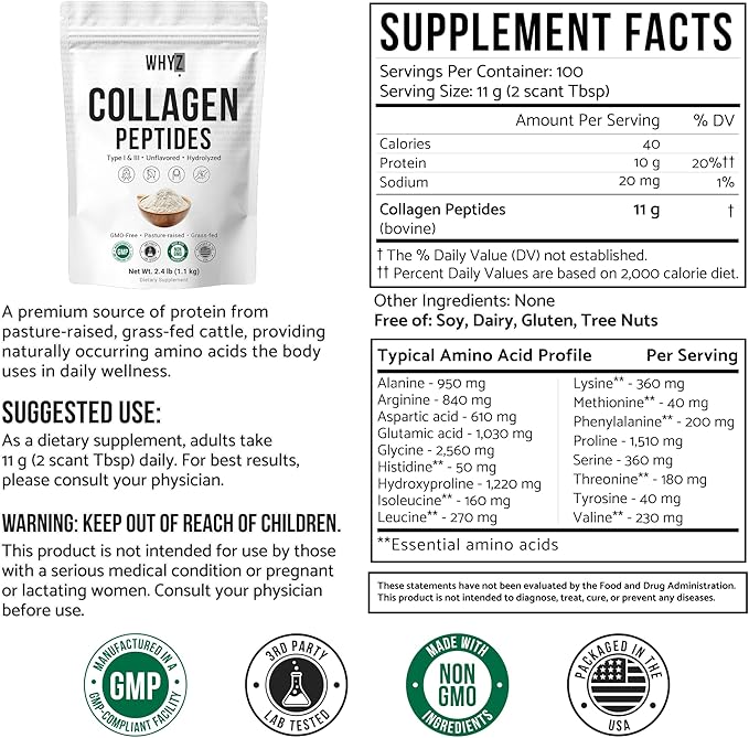 Bovine Collagen Peptides Powder, Hydrolyzed Type I & III Protein, Grass-Fed Pasture-Raised Source, Unflavored Collagen Supplement Paleo-Friendly for Active Lifestyles & Wellness Non-GMO, 2.4lb (1.1kg)
