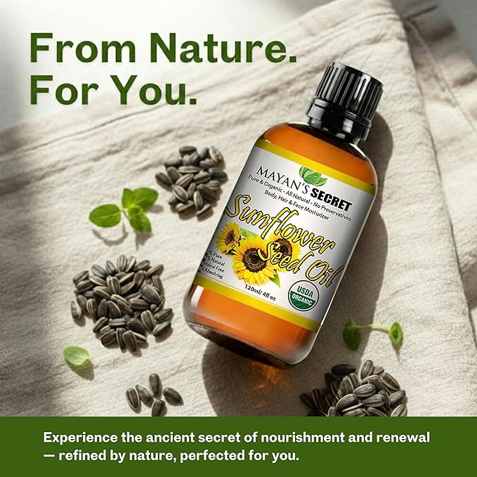 Mayan’s Secret Organic Sunflower Oil – Cold Pressed, Unrefined, High Oleic, Lightweight Moisturizing Sun Flower Oil for Face, Skin & Hair, USDA Certified Organic, 4oz Amber Glass Bottle with Dropper