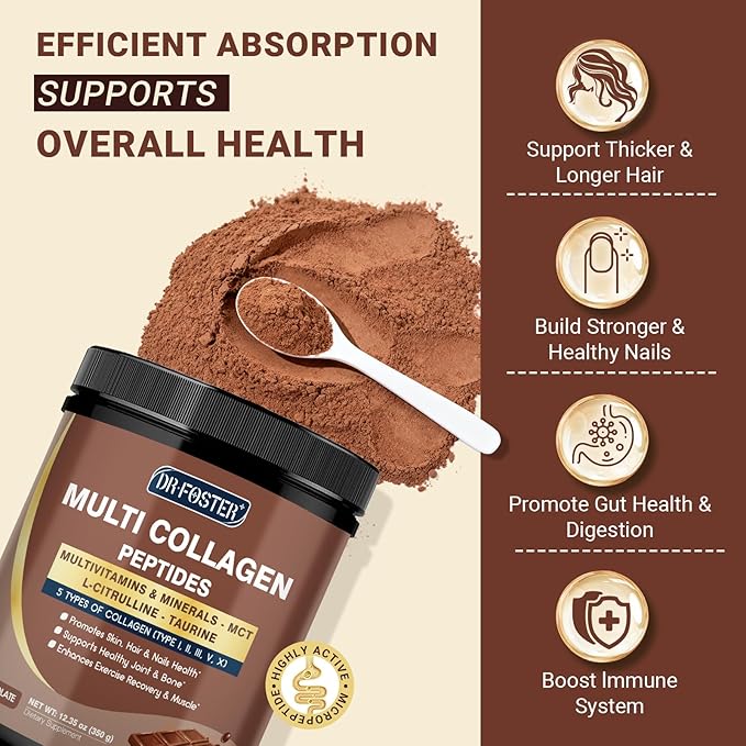 DRFOSTER Chocolate Collagen Peptides Powder for Women & Men, Multi Type I II III V X Collagen with multivitamins & Minerals for Skin, Hair & Nails & Joints, Non-GMO, 35 Servings