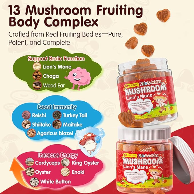 Kids, Teens & Adults Focus Gummies - Lions Mane Mushroom + Saffron + Algae Omega-3, 24-IN-1 Attention Supplement with Chaga, Magnesium, Methylated B12, B6 for Brain, Memory, Energy, Sugar Free, 60Cts