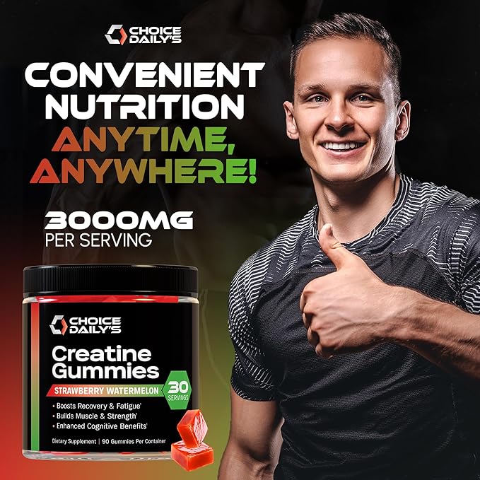 Creatine Gummies - 90 Vegan Friendly Chews - USA Made - Boosts Recovery - Builds Muscle - Enhanced Cognitive Benefits (Large, Strawberry Watermelon)