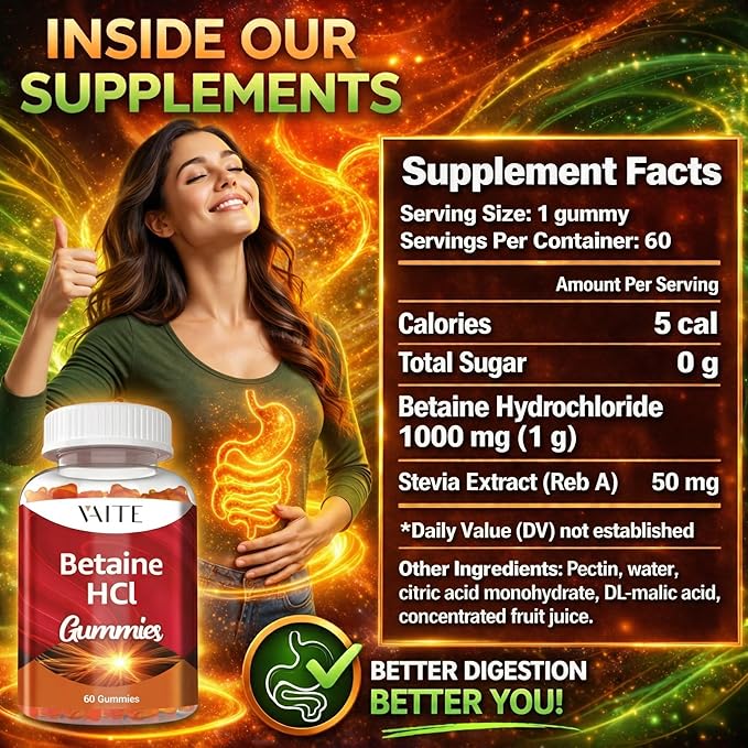 VAITE Betaine HCL Supplement 1000 mg Gummies – Digestive Support – Supports Digestion & Nutrient Breakdown – Non-GMO, Vegan, Gluten-Free – for Adults Seeking Daily Digestive Support – 60 Gummies