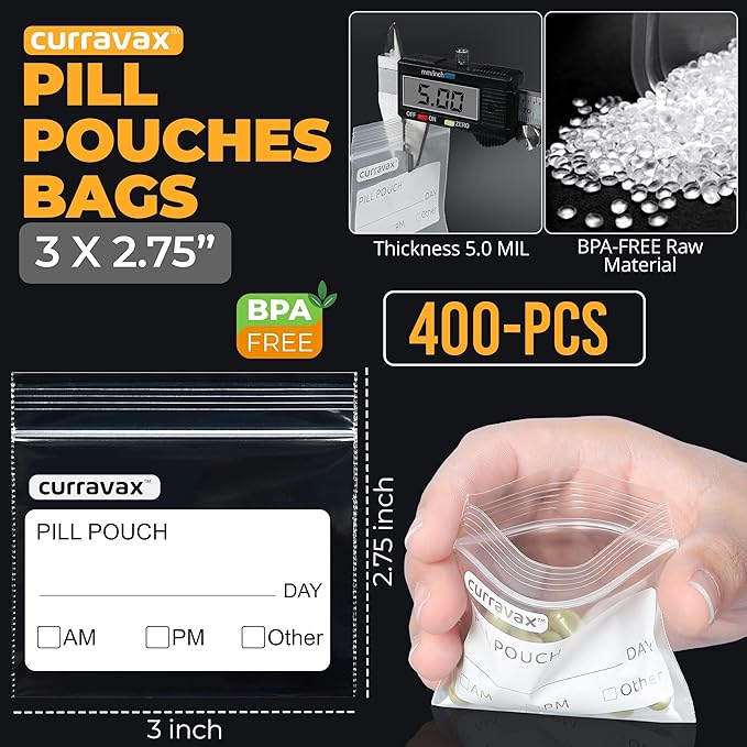 CURRAVAX Pill Pouch Bags for Travel Pack of 400 - BPA Free 3 x 2.75 inch Pill Pouch - Pill Pouches for Medicine with Write on Label –Clear Ziplock Pill Baggies for Travel Medicine Organizer