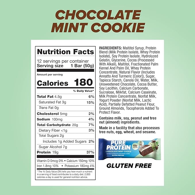 Pure Protein Chocolate Mint Cookie Protein Bars – 20g Protein, 3g Sugar, 190 Calories (12 count) Low Sugar* High Protein Snack - Gluten Free - Perfect for a Healthy Snack