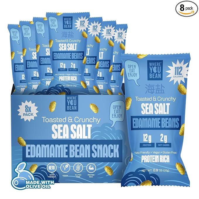Where You Bean Edamame Beans Snack (Sea Salt) - Crunchy and Dry Roasted Edamame Beans - High Protein Snacks, Keto and Vegan Healthy Snacks for Adults & Low Carb Snack 0.9 oz (Pack of 8)