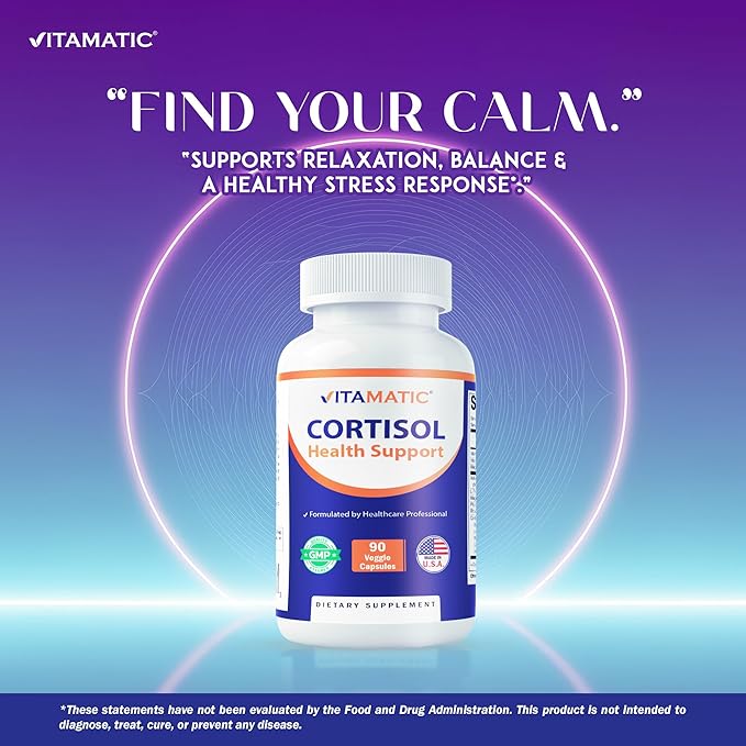 Vitamatic Cortisol Health Support - 90 Veggie Capsules - Made with Adaptogenic Blend with Ashwagandha, Rhodiola, Magnolia, L-Theanine, Phosphatidylserine (Pack of 2)