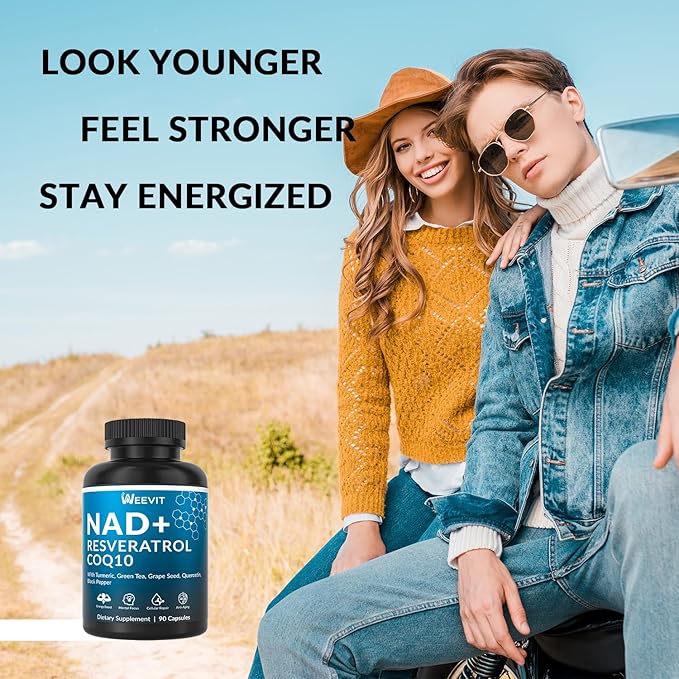 NAD+ Resveratrol Supplement with COQ10, Quercetin, Turmeric, NAD+ Supplement for Men and Women - Energy, Focus & Anti-Aging Support - Gluten Free, Non-GMO