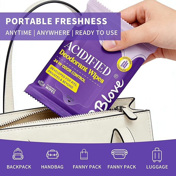 Acidified Body Wipes - 24H Odor Control, pH Balanced for Underarms & Whole Body, Aluminum-Free & Skin-Loving Formula, 80 Wipes