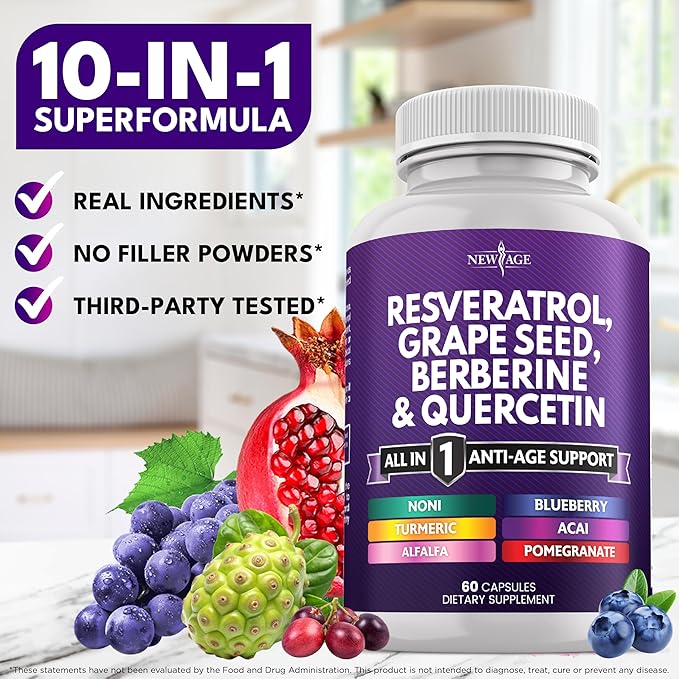 NEW AGE Resveratrol, Berberine, Grape Seed Extract, Quercetin, Polyphenol Supplement for Women and Men with Noni, N-Acetyl Cysteine, Acai - 180 Capsules