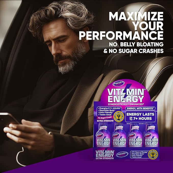 Vitamin Energy Focus+ Extra Strength Energy Shot Berry 24 Pack, 260mg Natural Caffeine, B-Vitamins, CoQ10, Amino Acids, Focus, Productivity & Clarity, Zero Sugar, Gluten-Free, 1.93 fl oz
