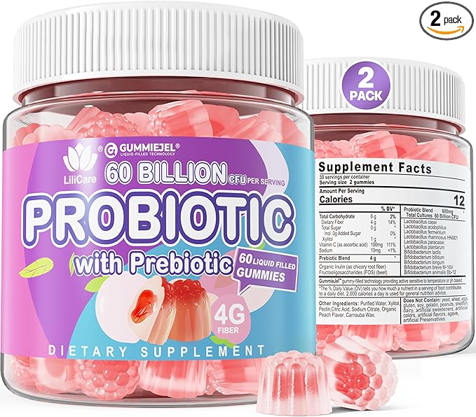 Probiotic Gummies for Women Men, 60 Billion CFU Probiotics + Prebiotics Gummy Sugar Free, 11 Strains for Digestive Health, Supports Constipation, Diarrhea, Gas & Bloating - Peach Flavor, Vegan, 120ct