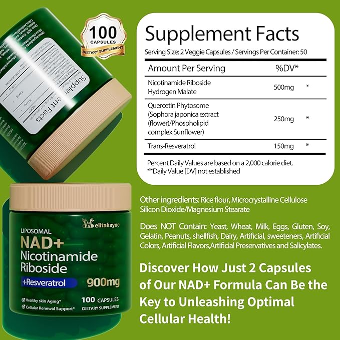 Premium NAD+ Supplement - Nicotinamide Riboside & Resveratrol 900mg – Fast-Absorbing Cellular Renewal Capsules for Energy, Anti-Aging & Brain Health – Vegan, Non-GMO, 200 C